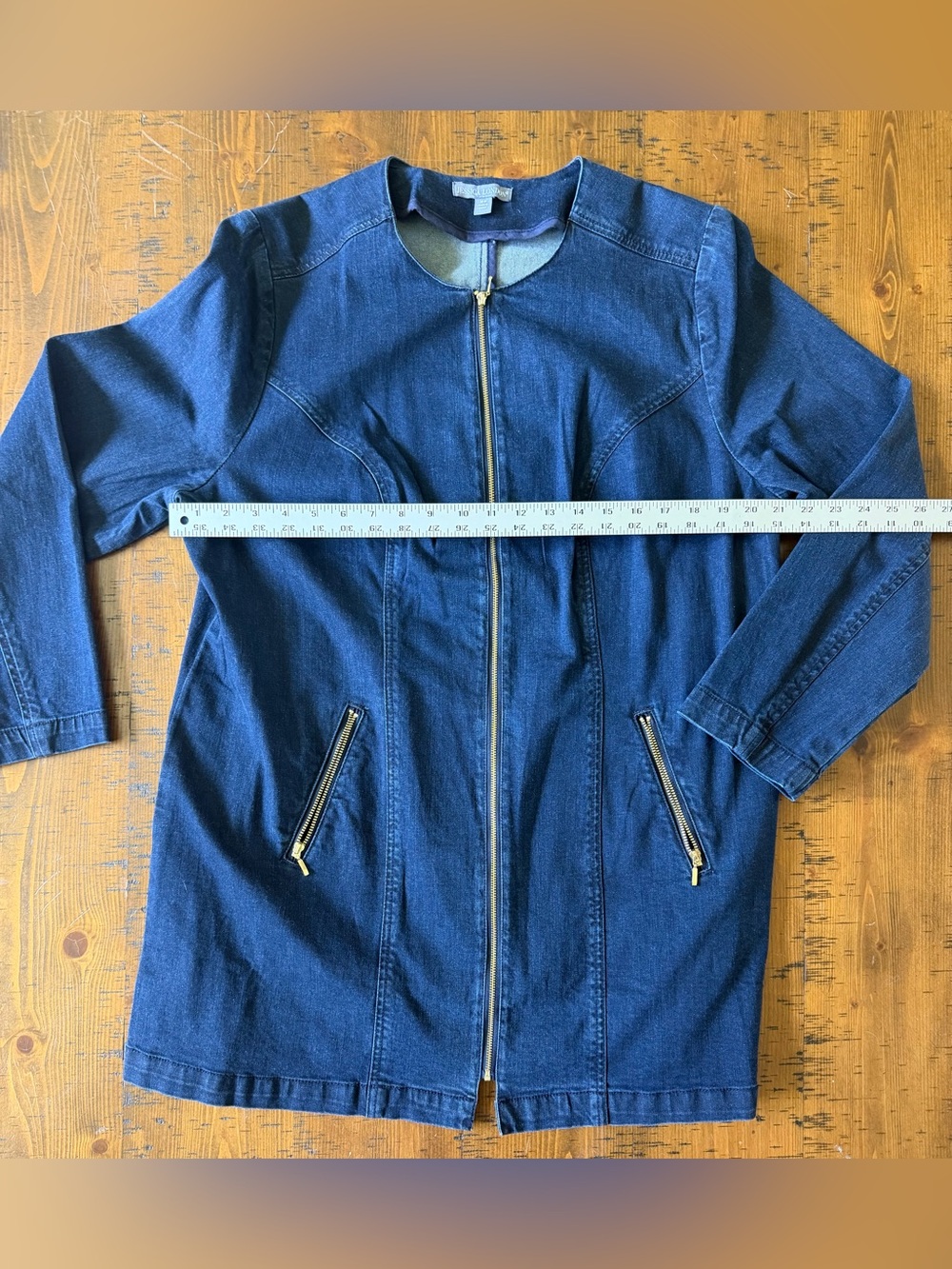 Jessica London. Denim Zip-Front Long Jacket in Dark Blue with gold detail. 18W - Picture 2 of 5